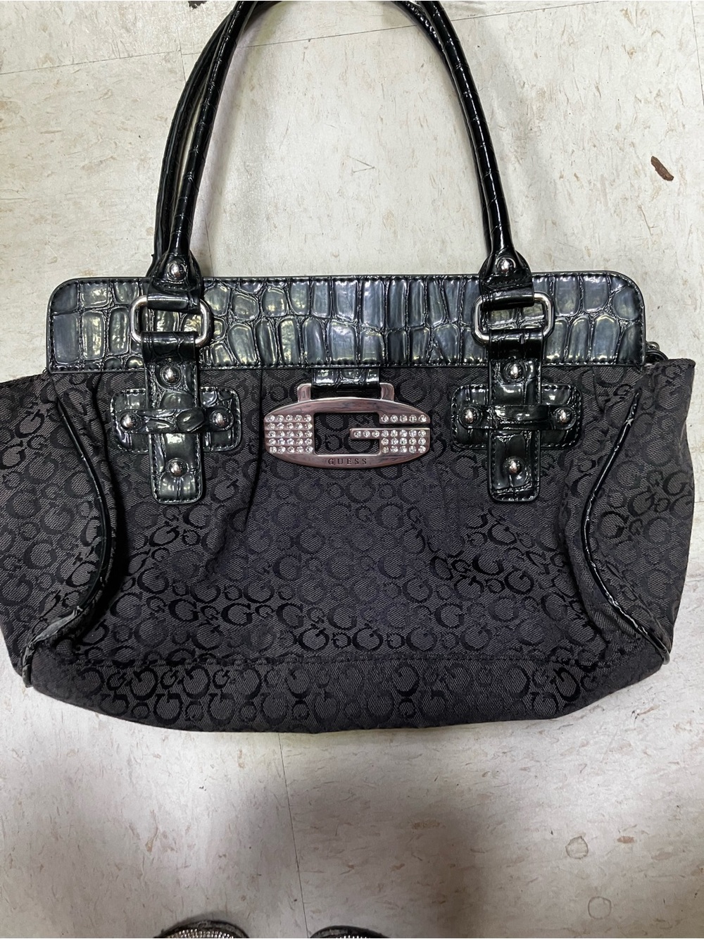 Guess Black Logo Jacquard Satchel with Croc-Texture Trim